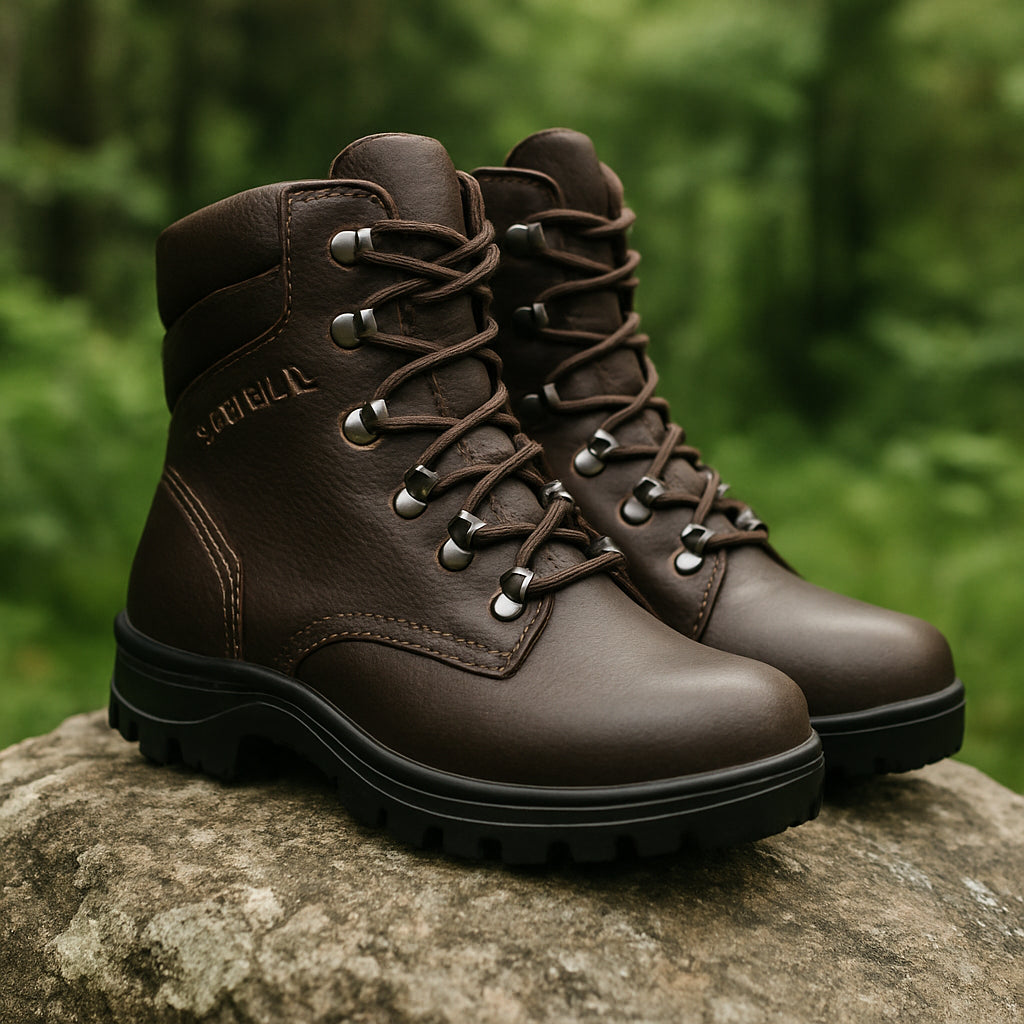 En närbild på ett par samelin kängor för dam med bred läst stående på ett stengrynne i skogen, med lummig grönska i bakgrunden. Alt: samelin kängor dam bred läst utomhus vandring