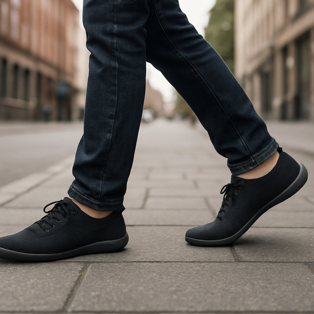 A person walking in a city street wearing minimalist barefoot shoes, showing natural foot movement on pavement. Alt: barfota skor för vardagsbruk naturlig gångstil