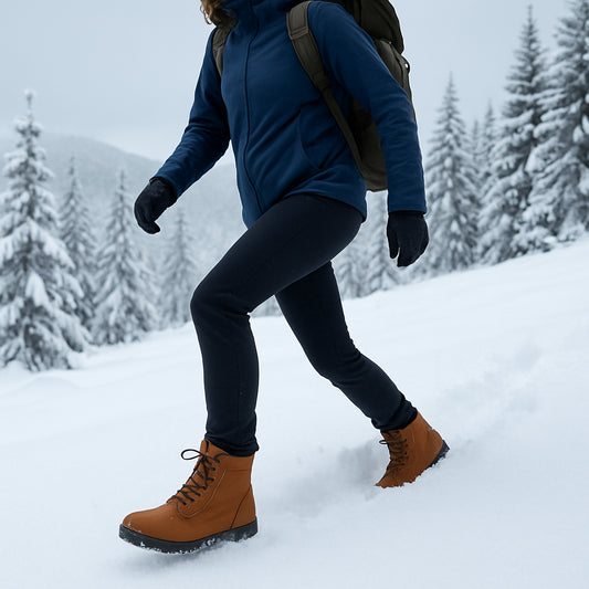 En kvinna i Snowfox‑kängor som vandrar genom djup nysnö på en fjällstig, med snötäckta granar i bakgrunden. Alt: Be Lenka Snowfox vinterkängor naturlig fotrörelse i snö.