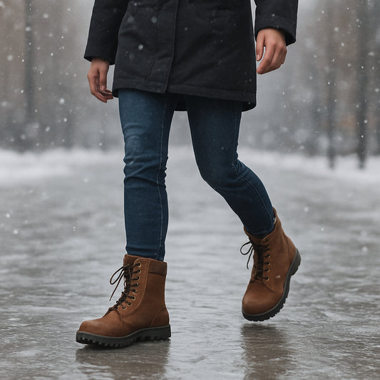 En kvinna på en isig trottoar som säkert går i halkfria vinterkängor, med snöfall i bakgrunden. Alt: halkfria vinterskor dam på isig yta