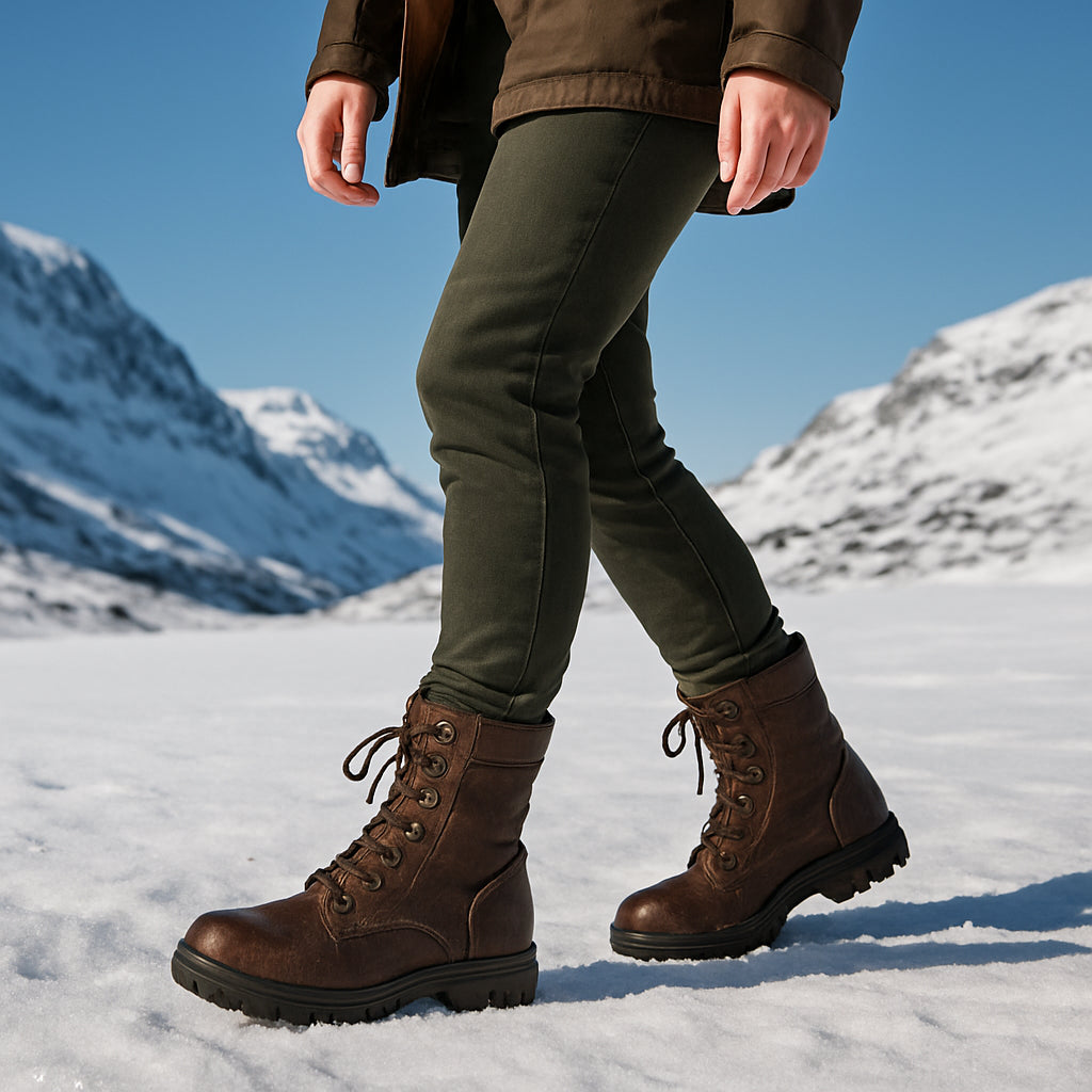 En kvinna i fjällen med robusta militärkängor dam, snö på marken, klar himmel. Alt: militärkängor dam i vintermiljö, hög detaljrikedom och fokus på kängornas konstruktion.