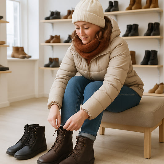 En kvinna i vinterkläder som provar skor med bred tåbox i en ljus butik. Alt: skor bred tåbox dam, bekväma vinterkängor för kvinnor.