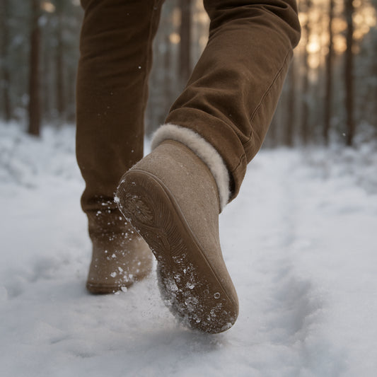 En person går på en snötäckt skogsstig med tunna, ullfodrade barfotaskor, snö som virvlar runt foten, mjukt vinterljus i bakgrunden. Alt: Barfota skor vinter – frihet och värme i snön.