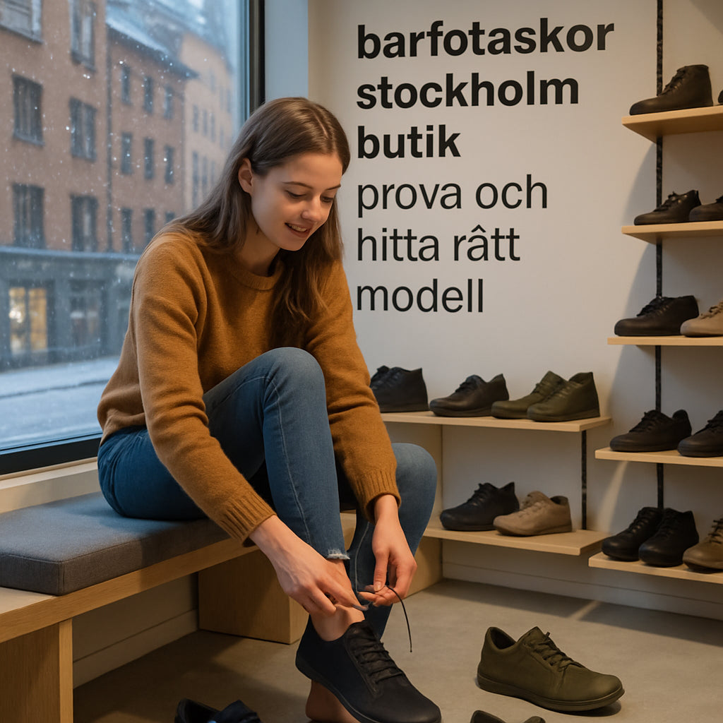 En ung kvinna som provar barfotaskor i en modern butik på Södermalm, med snöfall synligt genom fönstret. Alt: barfotaskor stockholm butik - prova och hitta rätt modell