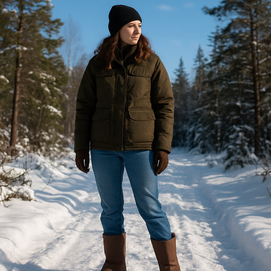 En kvinna i breda vinterboots, stående på ett snötäckt skogsstig med en vacker blå himmel i bakgrunden. Alt: Breda boots dam för vinteräventyr, kombinerar stil och funktion.