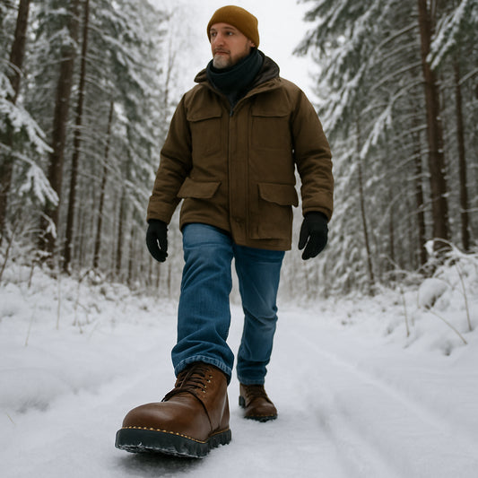 En man i vinterkläder som promenerar i snö på en skogsstig med breda läderskor, alt: breda kängor herr i vinterlandskap – tydligt fokus på tåboxen och fotens naturliga form.