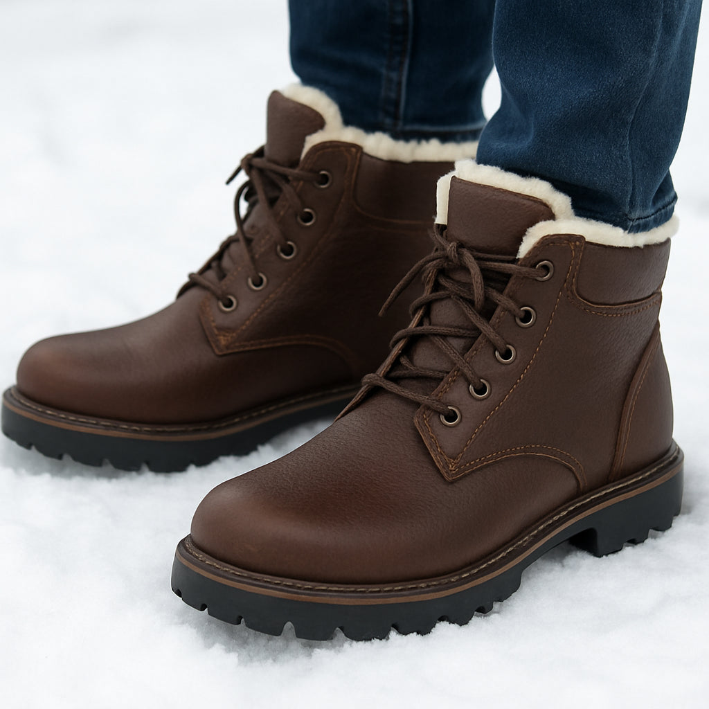 En man med breda vinterkängor i snö, tydligt fokus på bred tåbox, varm foder och robust sula. Alt: Bred vinterkänga herr med bra stöd och värme