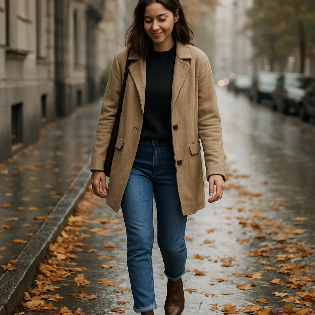 En kvinna som går i en regnig stadsgata med bruna Chelsea boots, omgiven av höstlöv. Alt: chelsea boots dam brun vardaglig stil