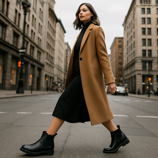 A stylish woman walking through a city street wearing leather chelsea boots, focusing on the boots and the urban backdrop. Alt: stilfulla chelsea boots dam läder i vardagsbruk
