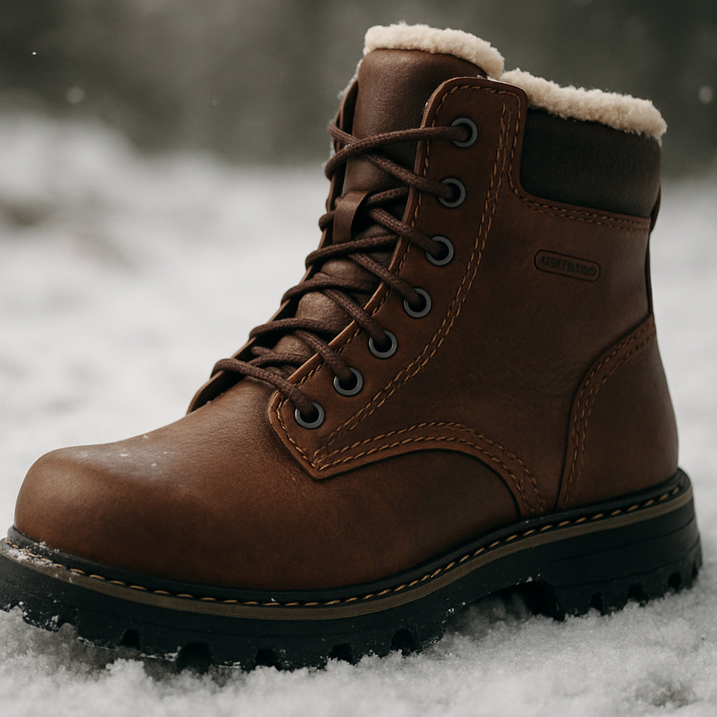 En närbild av en robust vinterkänga i läder med vattentätt membran, stående på snö. Alt: varma vinterkängor herr med högkvalitativt läder och isolering.