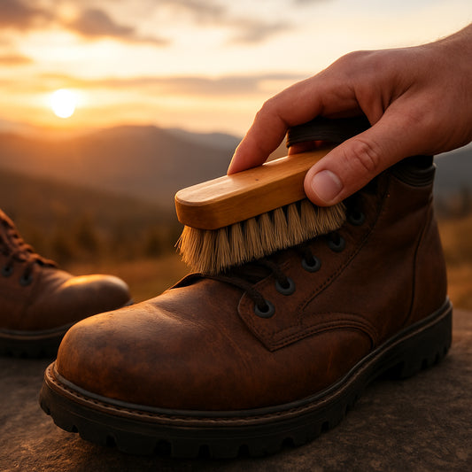 En närbild av en hand som borstar läderkängor med en mjuk borste, solnedgång i fjällbakgrunden. Alt: Rengöring av läderkängor inför vinterimpregnering