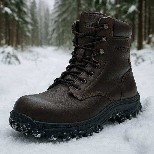 En närbild av robusta Samelin vinterkängor med bred tåbox, vattentätt läder och djup mönstrad TR‑gummisula i ett snötäckt skogslandskap. Alt: robusta samelin jaktkängor vinterförhållanden