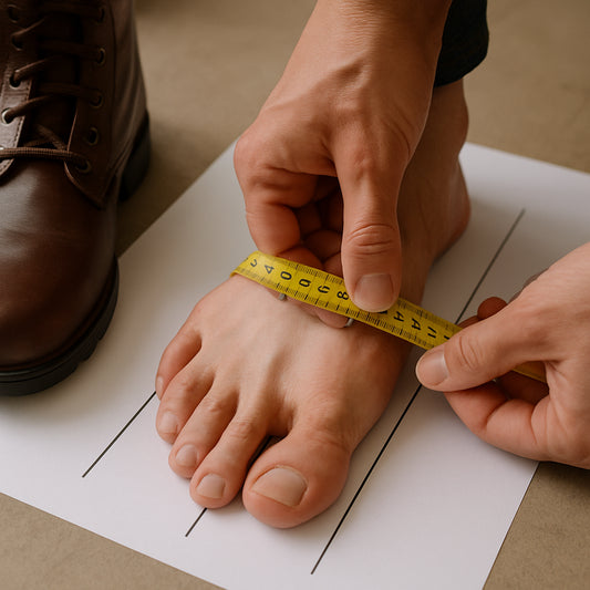 En närbild på en person som mäter fotens bredd med ett måttband, stående på ett papper med markerade linjer. Alt: Mätning av fotbredd för kängor för breda fötter.