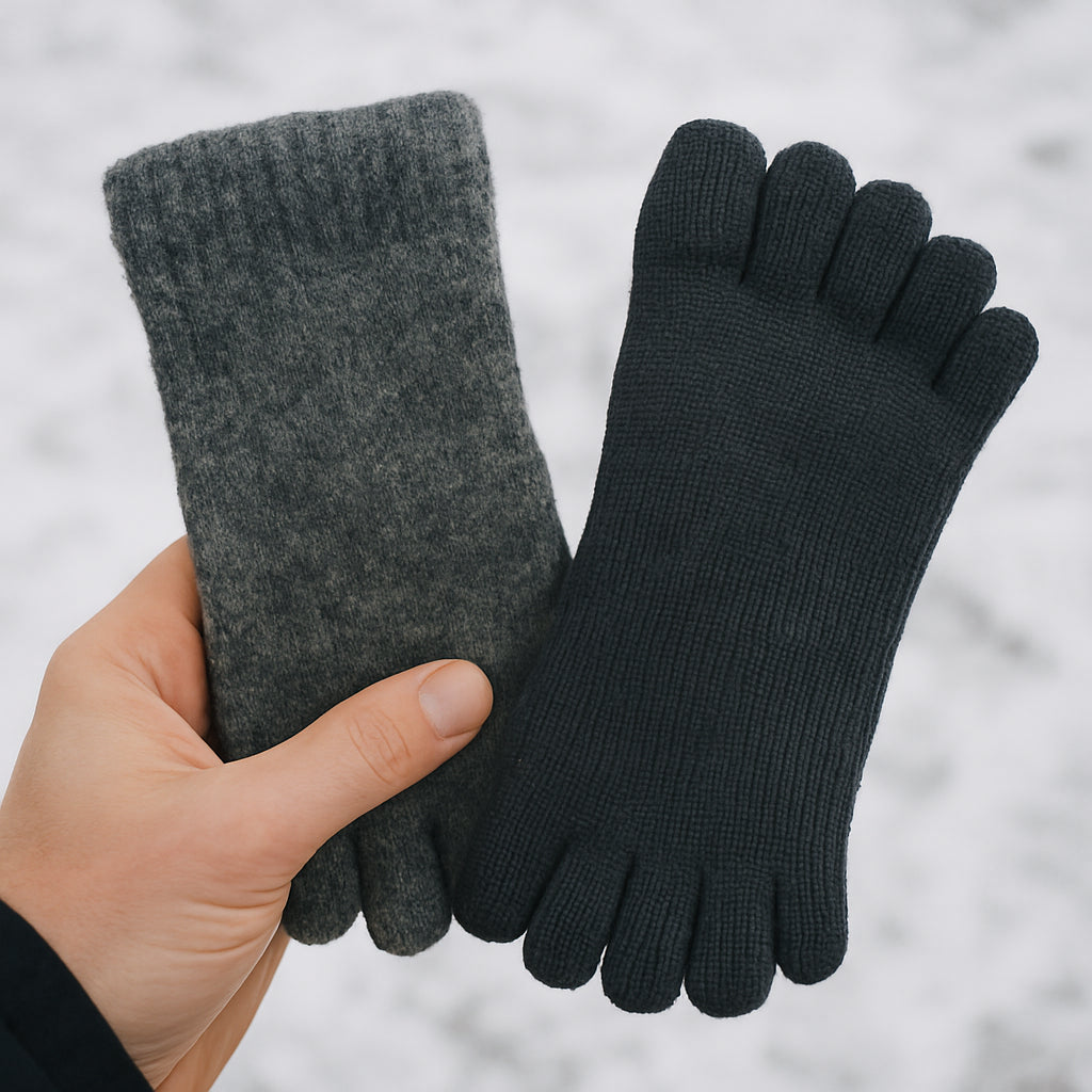 En närbild på en hand som håller en tunn ulltåstrump och en syntetisk tåstrump, med snö i bakgrunden. Alt: tåstrumpor herr material jämförelse för vinteräventyr.