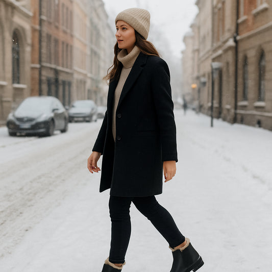 En kvinna i en snötäckt stadsgata med varmfodrade chelsea boots, fokus på den eleganta siluetten och det mjuka foder. Alt: klassiska varmfodrade chelsea boots dam i vintermiljö.