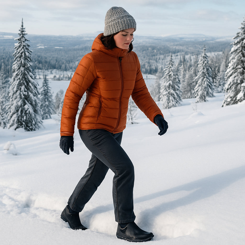 En kvinna som vandrar i djup snö med moderna barefoot‑kängor, tydligt synligt membran och ett vackert vinterlandskap. Alt: vattentäta kängor dam barefoot jämförelse