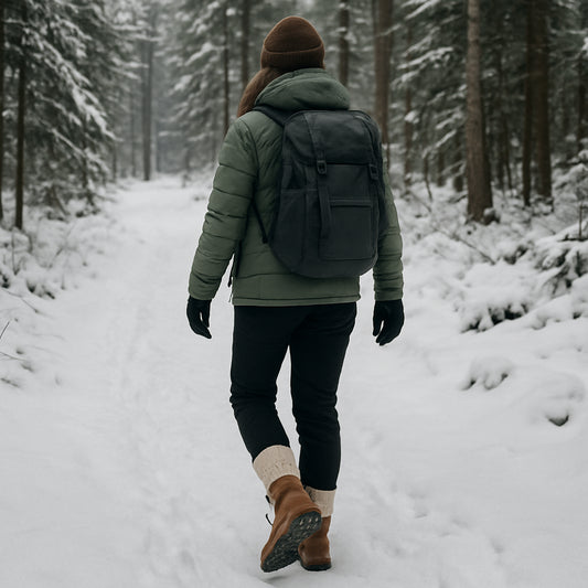 En kvinna i vinterkläder vandrar genom ett snötäckt skogsparti, bär breda vinterkängor med tjocka ullstrumpor. Alt: vandringskänga bred tåbox dam på snöig stig