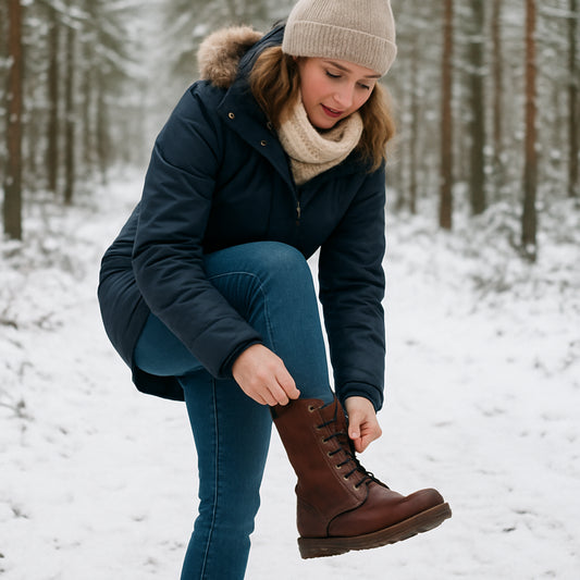 En kvinna i vinterkläder som provar en läderkänga på en snötäckt skogsstig. Alt: "kängor dam vinter läder barfotdesign"